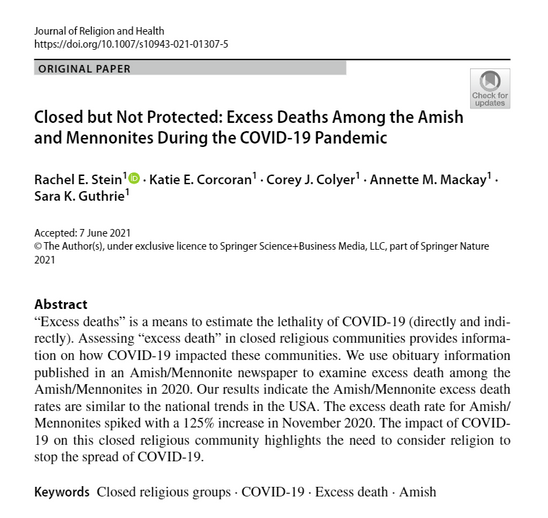 Screenshot of article Closed but not protected: Excess deaths among the Amish and Mennonites during the COVID-19 pandemic published in the Journal of Religion and Health